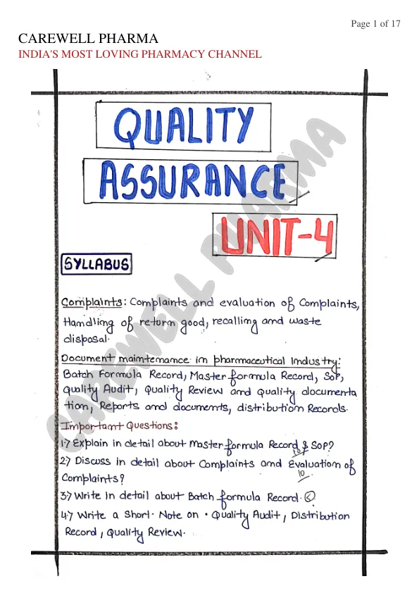 Unit 4, Pharmaceutical Quality Assurance, B Pharmacy 6th Sem, Carewell Pharma